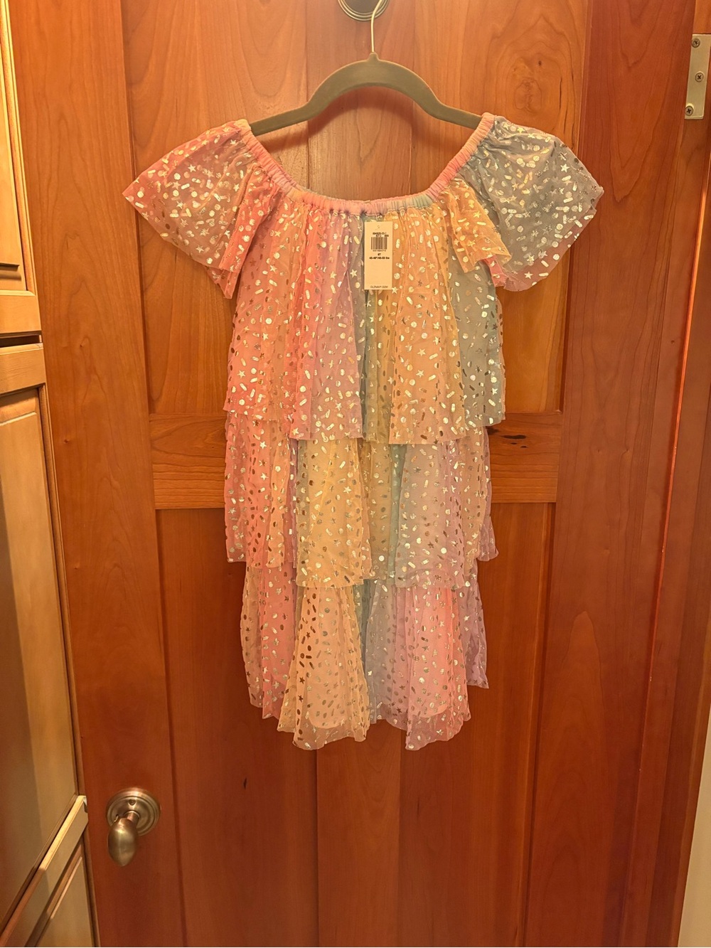 Girls Rainbow Pastel Tiered Off-Shoulder Dress